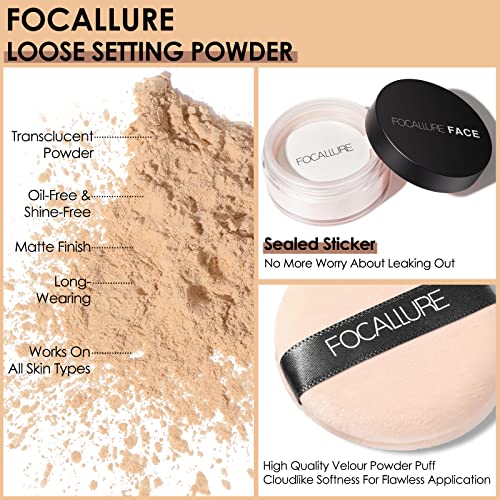 Focallure Oil Control Loose Face Powder, Translucent Loose Setting Powder, Shine-Free Matte Finishing Powder, Long-Lasting & Lightweight Sets Foundation Makeup, Includes Velour Powder Puff, Beige #TOP1