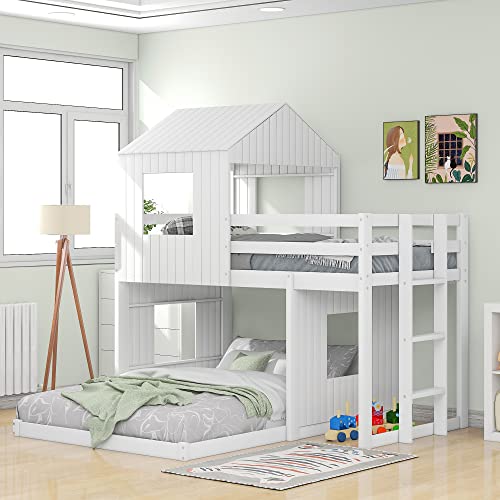 Tensun Twin Over Full House Bunk Beds with Ladder and Playhouse, Fence-Shaped Guardrail, Space-Saving Design, Built-in Ladder & Solid Slat Support for Kids Teens Girls Boys Bedroom, White
