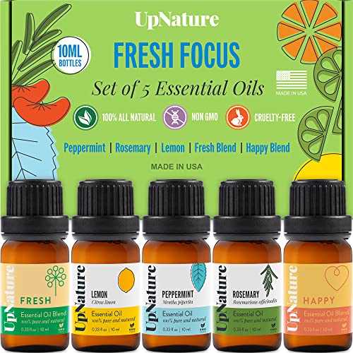 Essential Oil Set, Top 5-100% Pure Essential Oils for Diffusers - Peppermint, Lemon, Rosemary, Happy Blend, Fresh Blend Aromatherapy Oils to Boost Focus & Mood- Relaxing Gifts for Women & Men