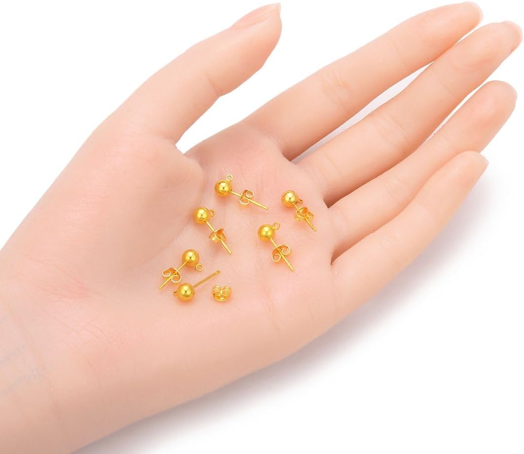 Adabele 100pcs Hypoallergenic Stud Earring Posts 5mm Ball Closed Ring 100pcs Earnut Back 18K Yellow Gold Plated for DIY Craft Earrings Jewelry Making CF218-4