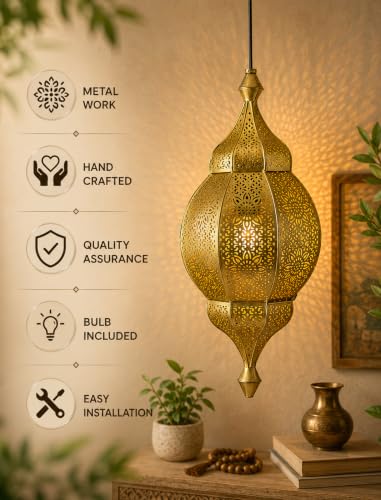 Image of Homesake Moroccan Orb Hanging Lamp Pendant Light for Home Decor|Vintage Ceiling Light Fixture Cutwork Design|Ambient Lighting for Living Room,Bedroom,Dining Room, Ramadan Decorations for Home(Golden)