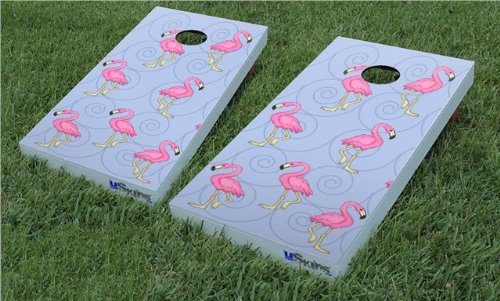 Cornhole Bag Toss Game Board Vinyl Wrap Skin Kit - Flamingos on Blue (fits 24x48 Game Boards - Gameboards NOT Included)