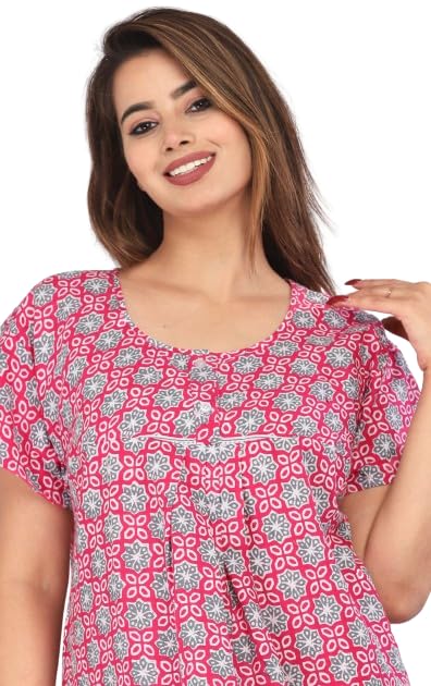 Image of Kuruti B Sheets Cotton Nighty for Women Jaipuri Print 2 Button Round Neck Short Sleeve Night Gown | Maxi Dress