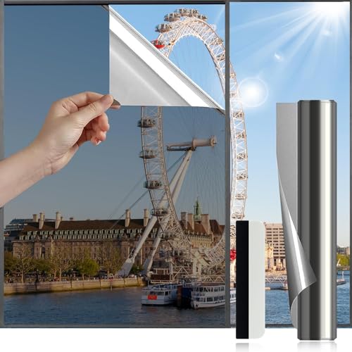 HONLONE Film Fenetre Anti Regard, Argenté Film Occultant Fenêtre, Anti UV Solaire Film Anti Chaleur fenetre, Protection de la Vie Privée, Film Miroir sans...
