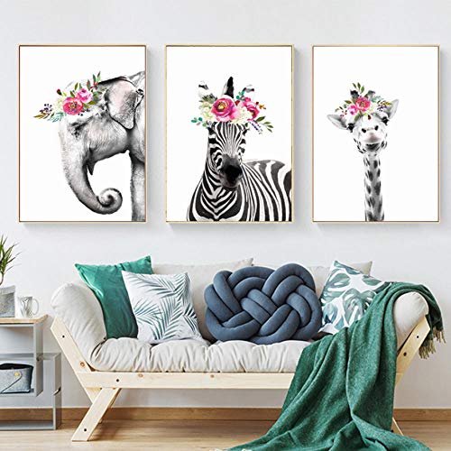 Tríptico Cuadros Lienzo De Arte 3 Piezas Jirafa Elefante Cebra Flores Personalidad...