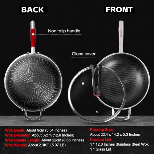 MEGOO 12.6 inch stainless steel nonstick wok pan with lid,stir fry honeycomb wok,cooking wok skillet,for gas cooktops,Induction,electric stove,dishwasher safe(PFA,PFOA Free)