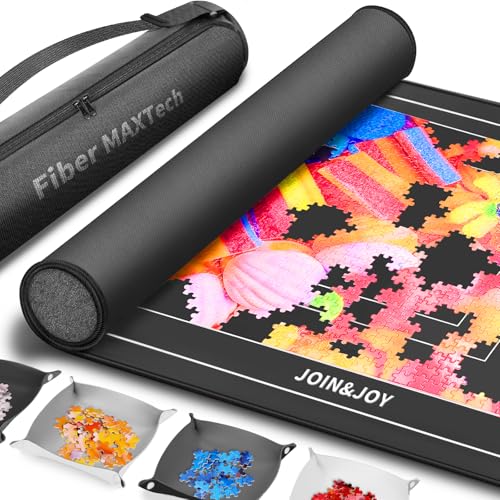 Join&Joy Jigsaw Puzzle Mat Roll Up, Rubber Saver Pad 46' x 26 ', with 4 Sorting Trays & Travel Storage Bag, Portable Rollup Puzzles Keeper, Up to 1500 Pieces