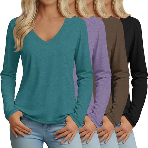 4 Pack Women's Long Sleeve V Neck Shirts, Casual Loose Fit Tees Basic Tunic Tops Trendy Fall T-Shirts Outfits