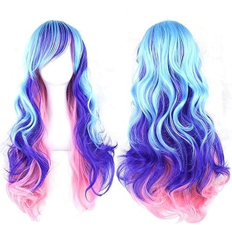 LACGO Long Curly Multi-colored Cosplay Wig, Mermaid Fashion Dress up Wig, Anime Headwear Heat Resistant Spiral Costume Wigs, Anime Fashion Big Wavy Curly 32" 80cm(Blue/Pink)(Pack of 1) Cover