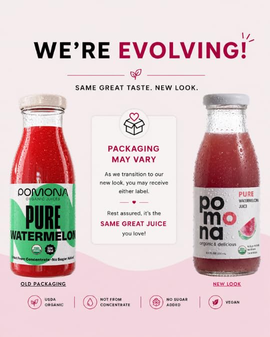 Image of Pomona Organic Juices Pure Watermelon Juice, Cold Pressed Organic Juice, Non-GMO, No Sugar Added, Not from Concentrate, Gluten Free, Kosher Certified, Preservative Free, 8.4 Ounce (Pack of 12)