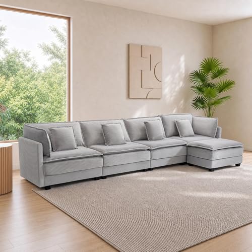 Image of Corduroy Sectional Couch, 4 Seater 149.2 inch L Shaped Cloud Couch with Ottoman, Modular Deep Seat Sofa with Pillows for Living Room, Apartment, Lightgrey