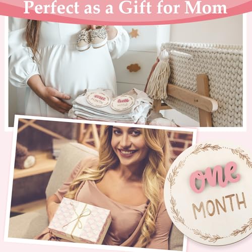 Image of 7 Pcs Months Baby Milestone Signs, 3D Pink Baby Monthly Milestone Cards Milestone Wooden Circles for Newborn Boy Girl 1-12 Months Baby Milestone Pictures (Double Sided)