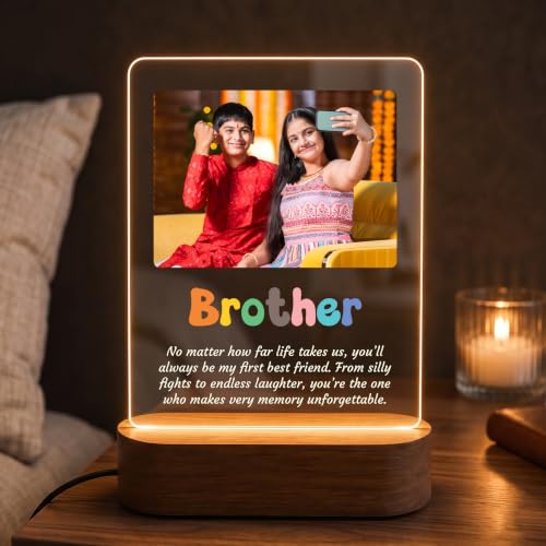 Image of Giftplease Personalized Photo Night Light for Brother - Custom Acrylic Picture LED Lamp with Wooden Base, Engraved Sibling Keepsake Frame, Unique Birthday, Rakhi, Gift for Brother from Sister