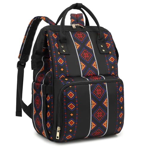Xunteny Boho Diaper Bag Backpack for Mom Dad, Multifunctional Bohemia Baby Nappy Backpack with Stroller Straps Insulated Pockets (Black)