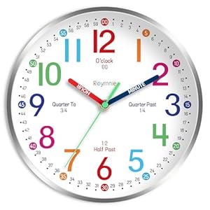 Wall Clock for Kids Learning to Tell Time Easily Non Ticking Battery Operated Kids Teaching Clock Silent Colorful Teaching Time Clock Decorative for Kids Room Classroom School (8 Inch)