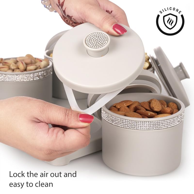 Image of Nayasa Sapphire Round Dry Fruit, 4 pcs Container Serving Tray Set | 450 ML Each | Multipurpose Serving Set | Premium Design | BPA Free | Food Grade | Air-Tight Lid | Snack Organizer Tray | Grey