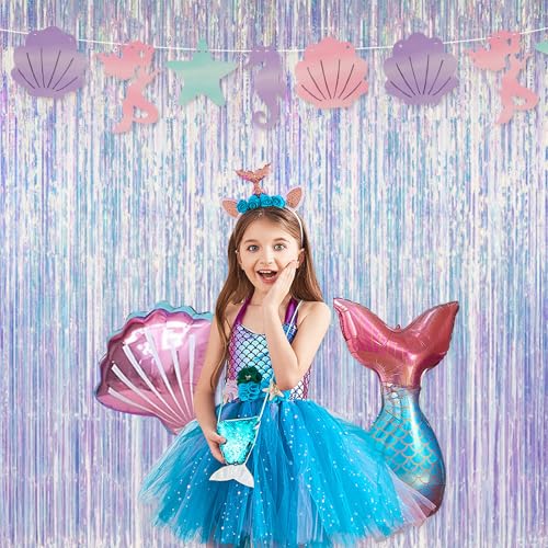 Image of Thicken Iridescent Party Streamers 2 Pack 3.3x6.6 FT, Holographic Foil Fringe Tinsel Backdrop Curtains for Birthday /Mermaid /Frozen /Bachelorette /Sea /Euphoria Party Decorations