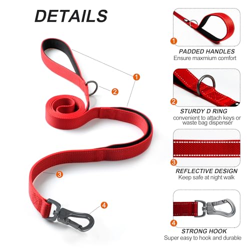 TwoEar 6FT 1IN Strong Red Dog Leash with 2 Padded Handles, Traffic Handle Extra Control, Comfortable Soft Dual Handle, Auto Lock Hook, Reflective Walking Lead for Small Medium and Large Dogs - Image 3