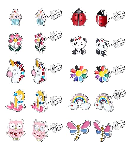 FASACCO 10Pairs Hypoallergenic Screw Back Earrings for Women Girls Stainless Steel CZ Heart Butterfly Ball Stud Earrings Multicolored Cat Rainbow Screwback Stud Earrings Set Over 3 Years Old