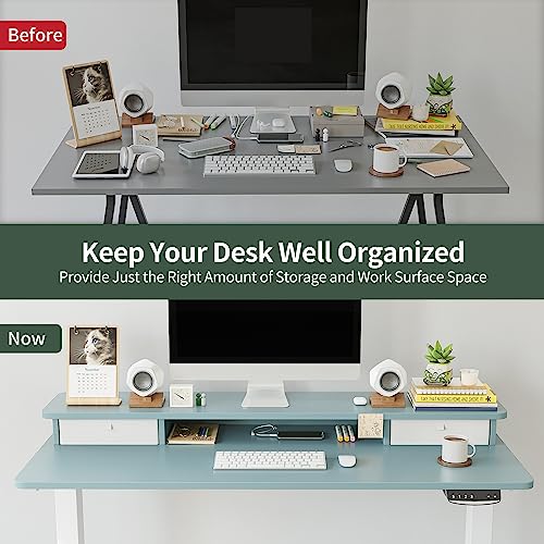 Image of FEZIBO 60 x 24 Inch Height Adjustable Electric Standing Desk with Double Drawer, Stand Up Desk with Storage Shelf, Sit Stand Desk, Blue