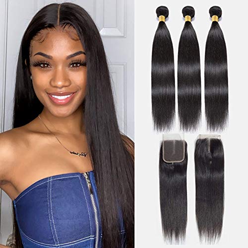 NUOF 8A Brazilian Straight Hair 3 Bundles With Closure (14 16 18+12closure Middle Part) 100％ Unprocessed Virgin Human Hair Bundles with 4x4 Lace Closure Straight Weave Hair Extensions Natural Color