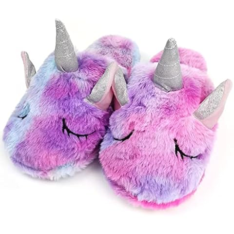 ZOBAYOP Kids Unicorn Slippers with Rubber Soles for Boys Girls Home Plush Shoes Indoor Anti Slip Cute Warm Purple X20 Cover