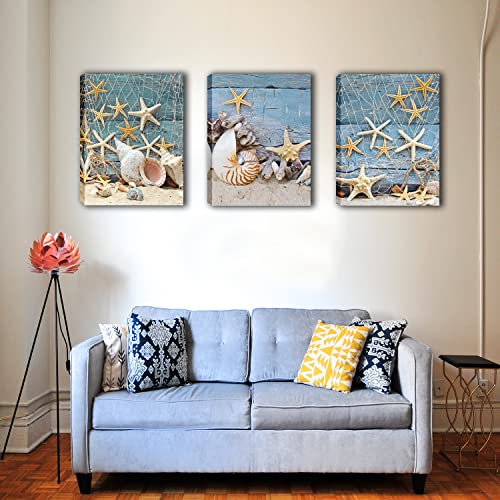 Starfish Picture Bathroom Wall Decor Seashell Canvas Wall Art Artwork For Bedroom Office Living Room Decor 3 Pieces Beach Coastal Conch Nautical Print Woodern Framed Painting Ready To Hang 12X16 Inch #TOP5