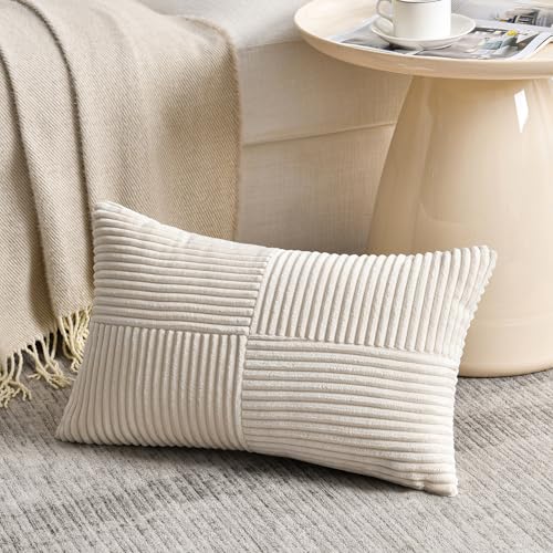 Image of Fancy Homi 2 Packs Cream Lumbar Decorative Throw Pillow Covers 16x26 Inch for Living Room Couch Bed Sofa, Rustic Farmhouse Boho Home Decor, Soft Striped Corduroy Rectangle Accent Cushion Case