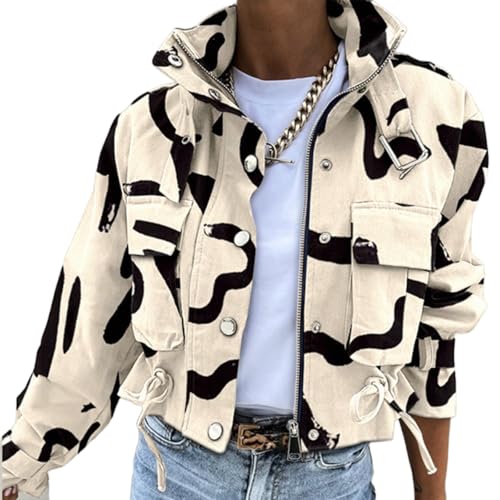Womens Zip Up Bomber Jackets Stand Collar Long Sleeve Button Down Pocketed Copped Fall Jacket Outerwear