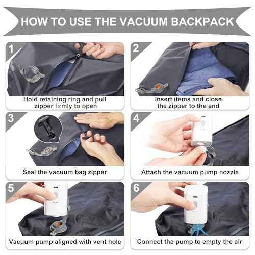 Image of coowoz Vacuum Backpack Travel with Pump,Travel Backpack with Vacuum System For Women Men,Carry On Backpack,Hiking Backpack Waterproof Outdoor Sports Rucksack Casual Daypack,30L(Vacuum pump) Grey