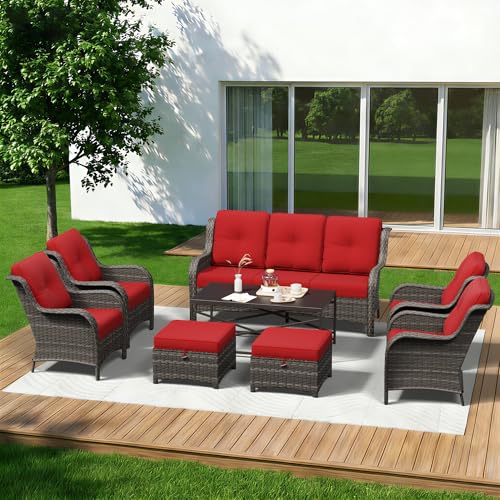 Image of 8 Piece Outdoor Wicker Patio Furniture Set, Patio Chairs Set with Thickened Olefin Cushions, High Back and Deep Seating, Hand-Woven PE Rattan, Ottoman for Porch, Deck