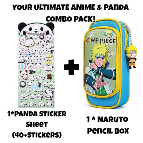 Image of KiddiBox One Piece Anime Pencil Case, Blue Double Zipper Stationery Pouch with Character Charm, School Supply with Keychain (Combo Pouch & Stickers Yellow)