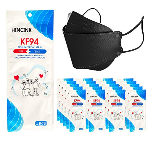 HINCINK [30 Pack Kf94 Masks Black [Individually Packaged] Unisex, 4-Layer Mask, Tri-Folding Style for Adult and Older (30Pcs, Black)