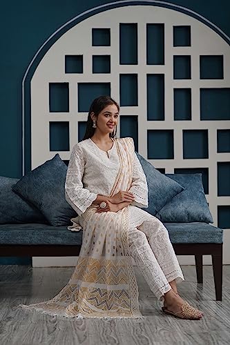Chikankari Kurtis for Women Pakistani Salwar Kameez Suit Set Indian Dresses White Kurti Pant & Dupatta Set2