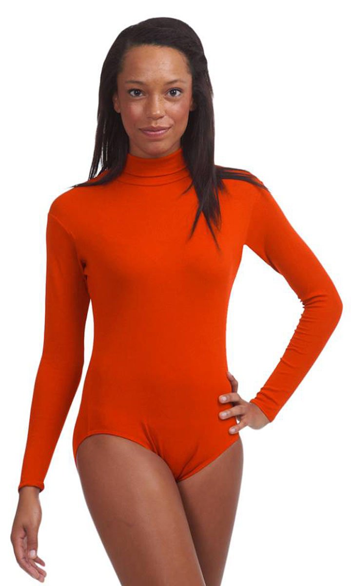 Elegance1234 Women's Orange Turtleneck Long Sleeve Cotton Leotard/Bodysuits Uk12 M(38),