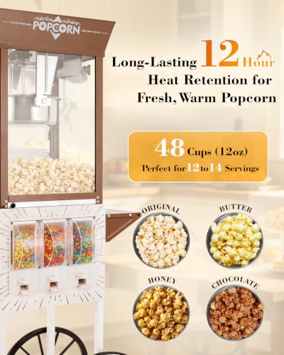 Image of 12 Oz Popcorn Machine with Candy Dispenser for Home Party Office | White, Stainless-Steel, Vintage Commercial Popcorn Maker with Storage Cabinet, Movie Theater Style, Makes Up to 32 Cups