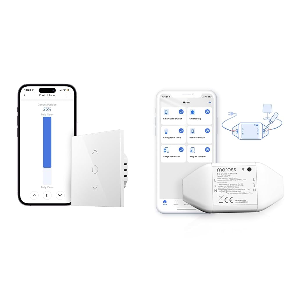 Meross Interrupteur WiFi pour Volet Roulant (FIL NEUTRE REQUIS), Interrupteur Tactile & Interrupteur Connecté WiFi, Meross 10A DIY Interrupteur Intelligent Compatible avec Alexa
