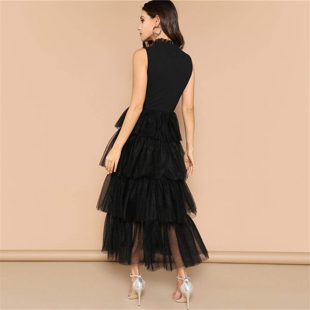 Amazon.co.jp: 黒いノースリーブ層状のコントラストメッシュフリル裾  
