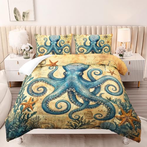 Image of AILONEN Vintage Octopus Twin Comforter Set, Nautical Compass Artwork Printed Ensemble, 3 Piece Microfiber Down Alternative Fill for Students Dorm Residents