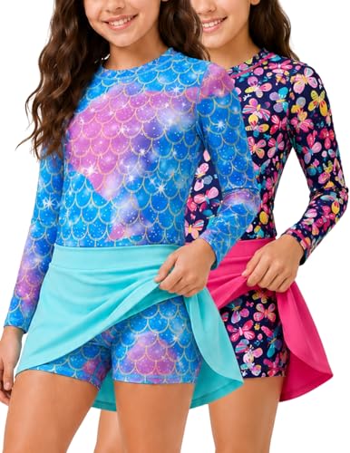 Image of Liberty Pro Girls Two Piece Swimsuits Long Sleeve Rash Guard Set, UPF 50+ Bathing Suit with Swim Shorts for Toddler and Teens