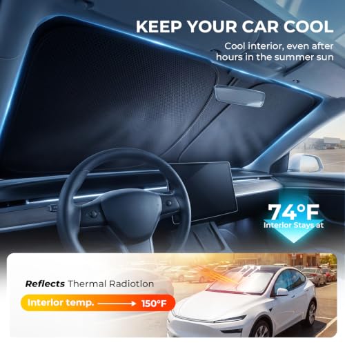 Image of [2026 Upgraded] DooGooCoo Windshield Sun Shade for Tesla Model Y & Model 3 2017-2026 [Cooling Ice-Crystal, 100% Sun Block] Sunshade for Car Windshield for Tesla Model 3 Sunshade Model Y Sunshade.
