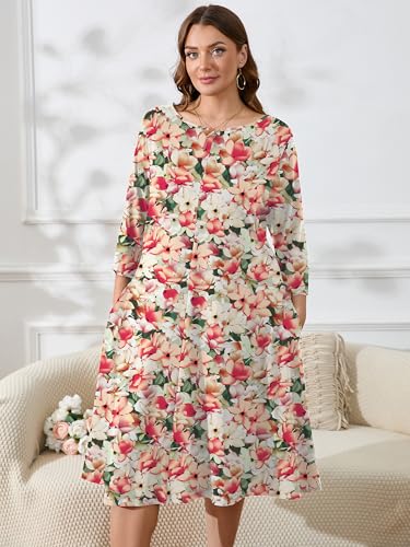 Image of AusLook Women's Plus Midi Dresses Crew Neck A Line 3 /4 Sleeves Casual Elegant Loose Wedding Vacation Dress with Pockets