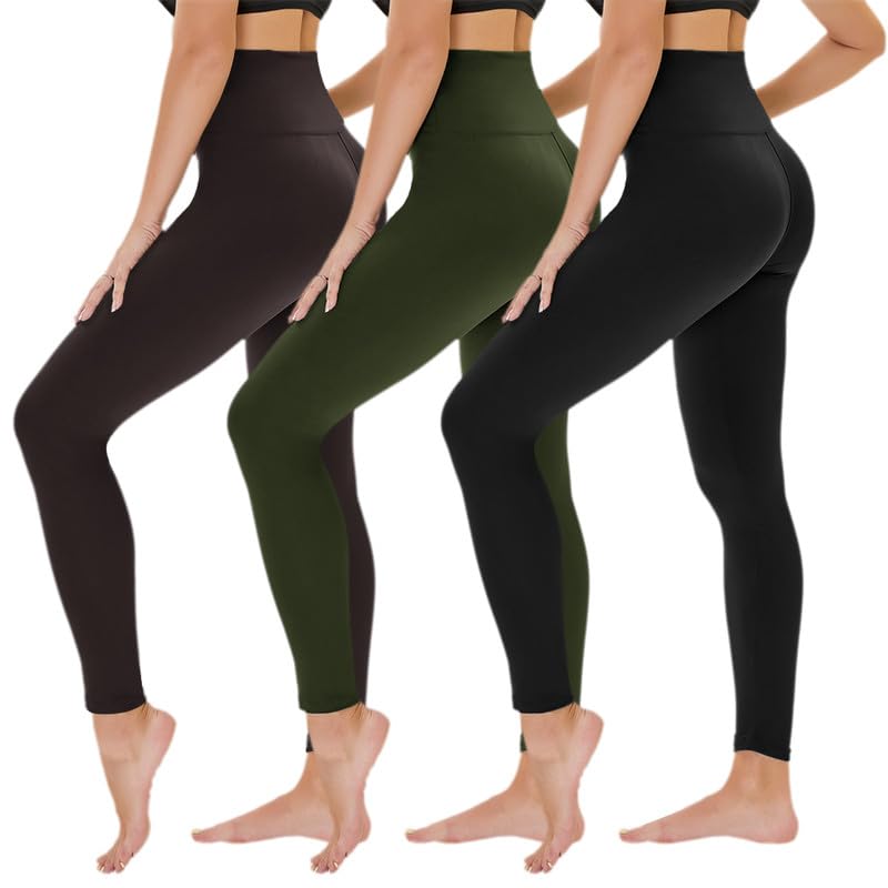TNNZEET 3er Pack Leggings Damen High Waist Schwarz Leggins Blickdicht für Sport Gym(Schwarz/Armee Grün/Kaffee,S-M)