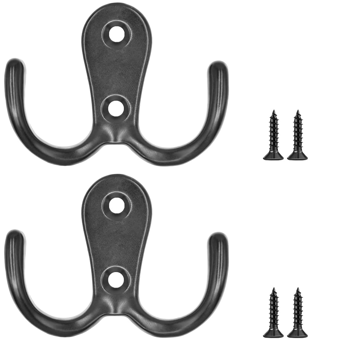 Licqic 2 Pcs Black Double Prong Robe Hooks, Dual Coat Door Hooks, Double Hook For Hanging Robe, Towel, Coat, Bag, Hat (Black, 2 Pcs)