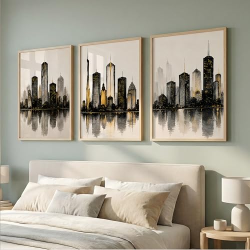 Image of TheMakerly Set of 3 Modern City Skyline Wall Art Paintings for Living Room | Luxury Urban Cityscape Wall Decor | Framed Wall Paintings for Bedroom, Office, Hall & Home Decoration (13x19 Inches)