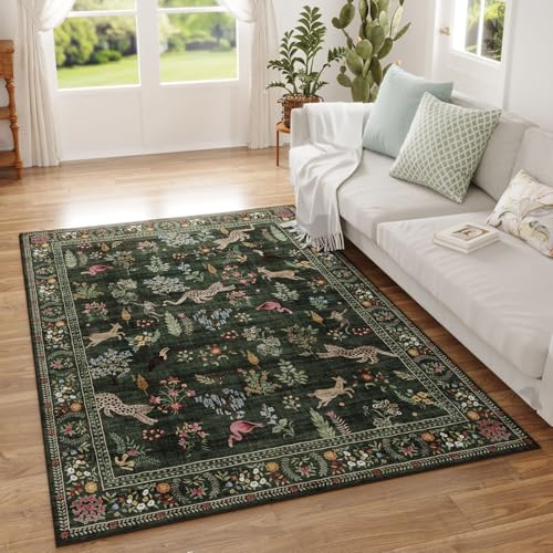 Area Rug 4x6 Rug Washable Boho Rugs Non Slip Low Pile Floral Animal Small Carpet for Bedroom, Bedside, Kids Room, Office, Dining Room (Green)