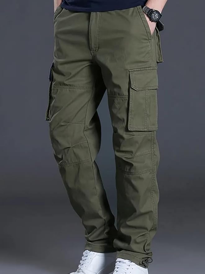 Image of DBAX Men's Olive Green Utility Cargo Pants | Multi Pocket Relaxed Fit Cargo Trousers | Durable Casual Streetwear Pants for Men