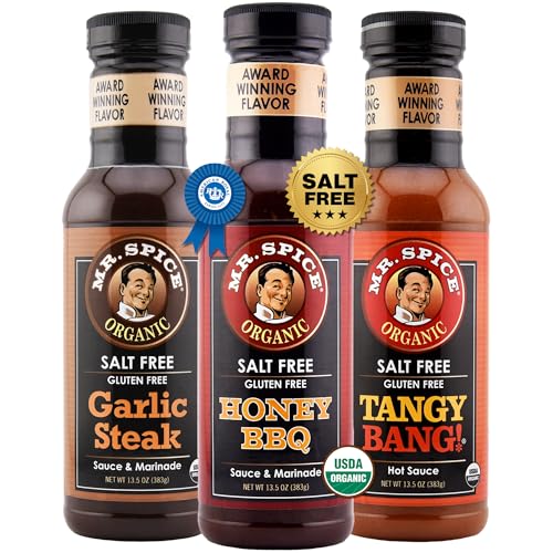 Mr. Spice Original 3 Pack, Organic Salt Free Honey BBQ, Garlic Steak & Tangy Bang Hot Sauce, Gluten Free Sauces, Low Sodium Marinades for Grill, Skillet & Air Fryer, Award-Winning Flavors, 13.5 Oz Ea