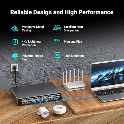 Image of 24 Port PoE Switch Unmanaged, 24 Port PoE+@400W, 2 Gigabit Uplink Ports, NICGIGA 26 Port Network Power Over Ethernet Switch, VLAN Mode, 250m Extend, 19 inch RackMount, Plug and Play.