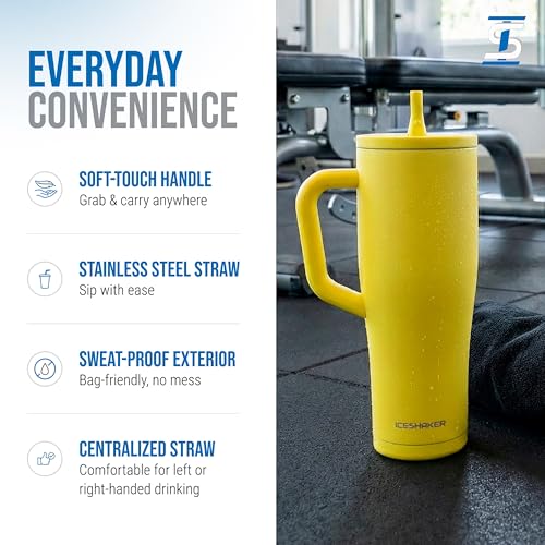 Image of Ice Shaker 40 oz Tumbler with Handle and Straw | 40oz Yellow | Cold for 30+ Hours | 2-in-1 Tumbler Shaker Bottle | Odor-Free 40 ounce Bottle for Water, Protein Shakes, Smoothies, Cocktails